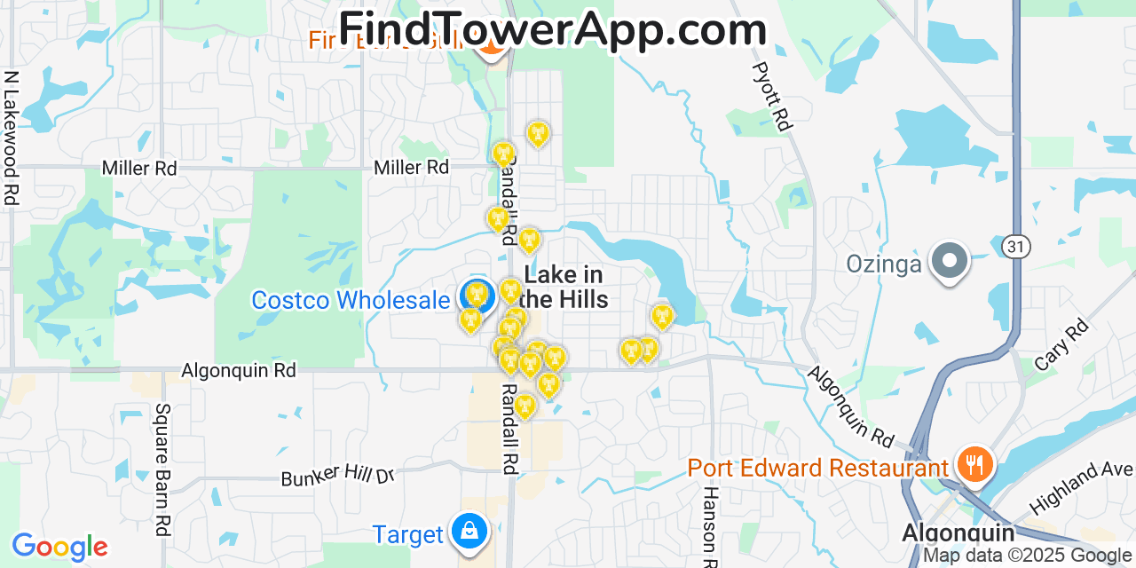 Map showing the 20 primary Verizon cell tower locations detected in Lake In The Hills, Illinois with coverage radius and signal strength indicators
