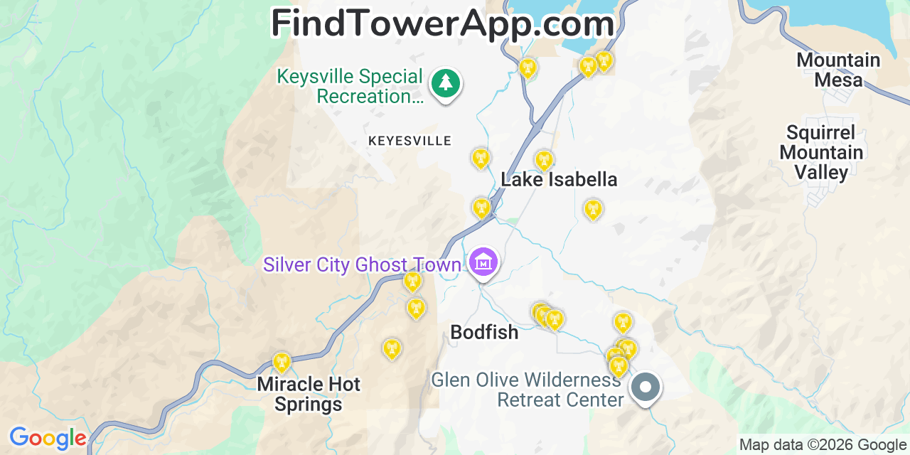 Map showing the 20 primary cell tower locations detected in Lake Isabella, California from AT&T, Verizon, and T-Mobile networks