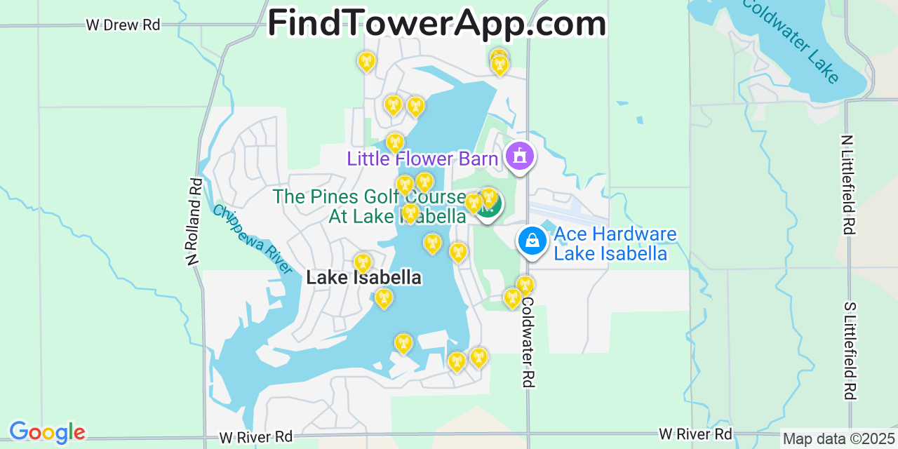 Map showing the 20 primary cell tower locations detected in Lake Isabella, Michigan from AT&T, Verizon, and T-Mobile networks