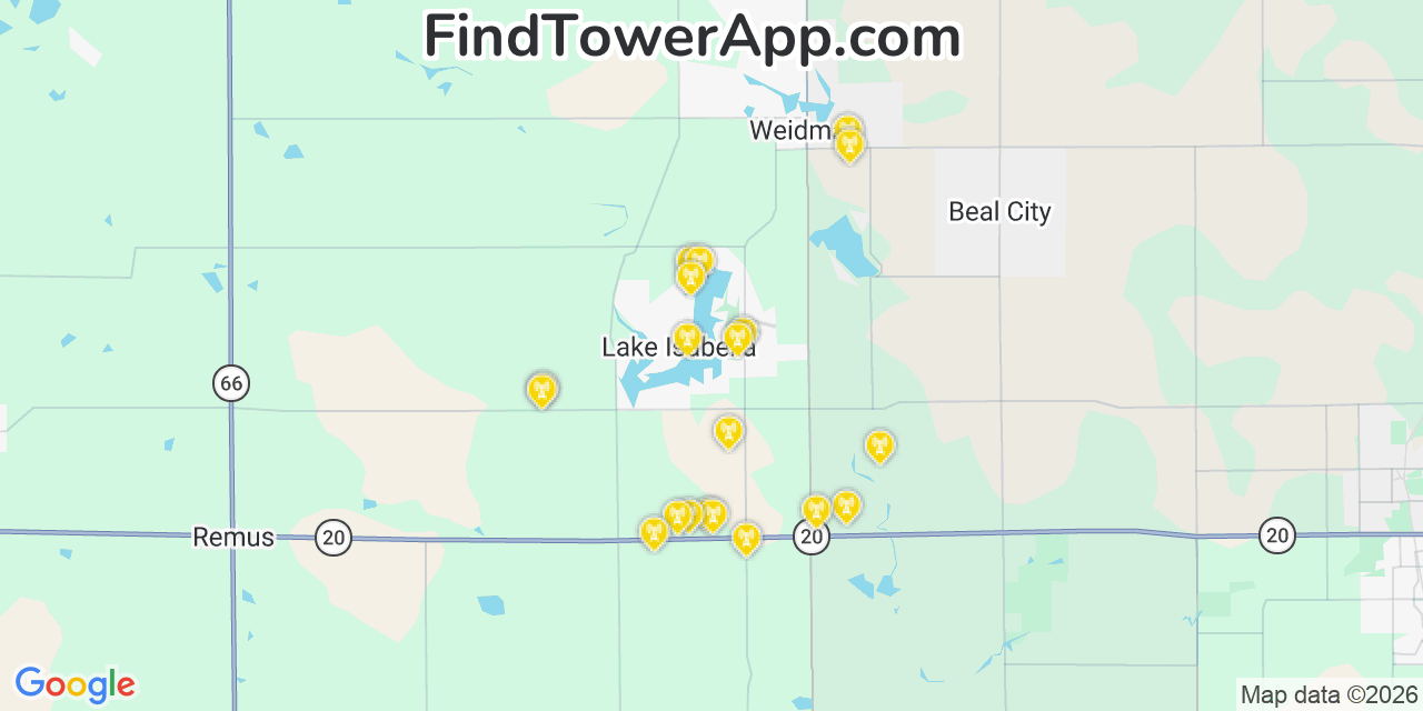 Map showing the 20 primary cell tower locations detected in Lake Isabella, Michigan from AT&T, Verizon, and T-Mobile networks