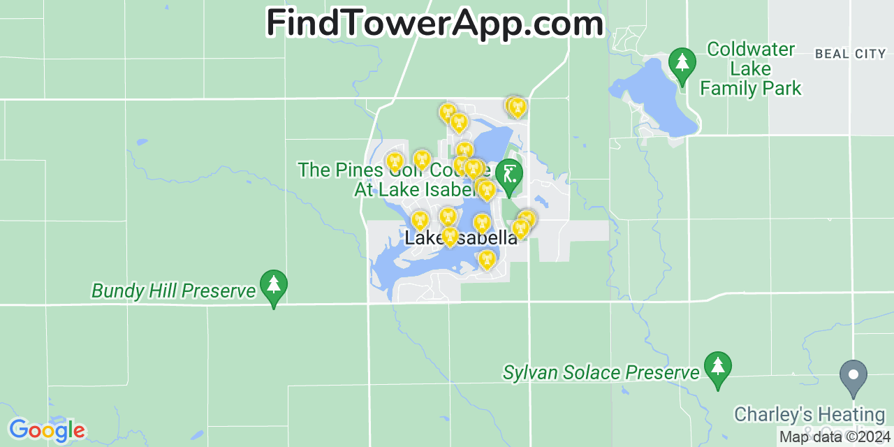 Verizon 4G/5G cell tower coverage map Lake Isabella, Michigan