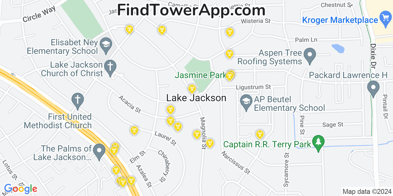 AT&T 4G/5G cell tower coverage map Lake Jackson, Texas