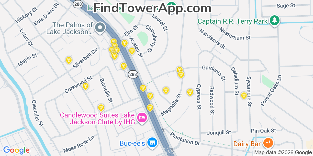 Map showing the 20 primary cell tower locations detected in Lake Jackson, Texas from AT&T, Verizon, and T-Mobile networks