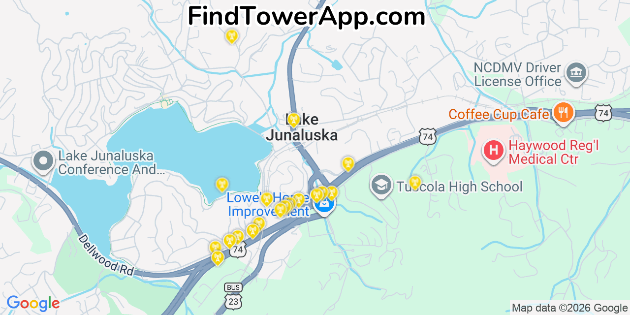 Map showing the 20 primary cell tower locations detected in Lake Junaluska, North Carolina from AT&T, Verizon, and T-Mobile networks