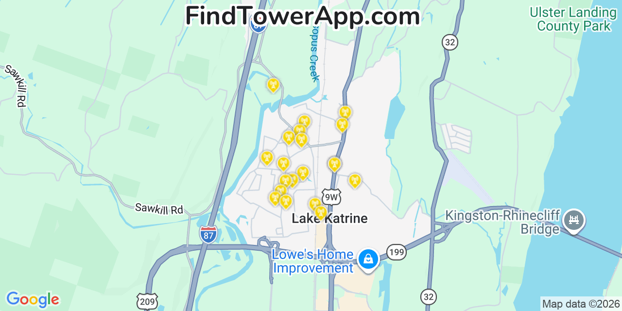 Map showing the 20 primary cell tower locations detected in Lake Katrine, New York from AT&T, Verizon, and T-Mobile networks