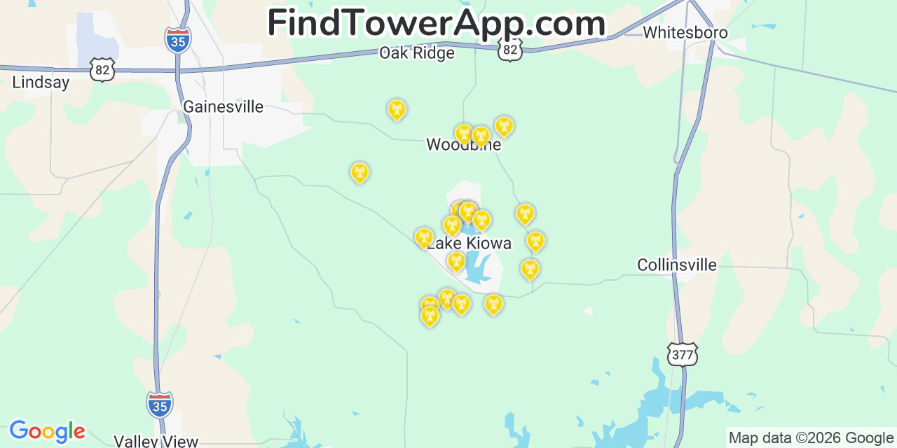 Map showing the 20 primary cell tower locations detected in Lake Kiowa, Texas from AT&T, Verizon, and T-Mobile networks