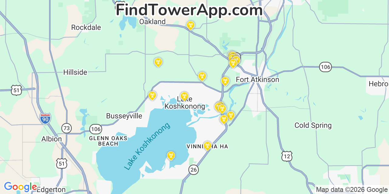 Map showing the 20 primary cell tower locations detected in Lake Koshkonong, Wisconsin from AT&T, Verizon, and T-Mobile networks