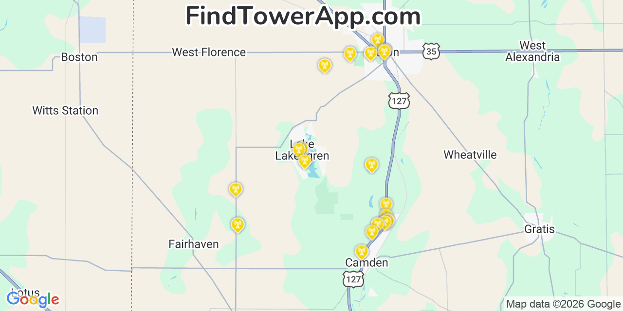 Map showing the 20 primary cell tower locations detected in Lake Lakengren, Ohio from AT&T, Verizon, and T-Mobile networks