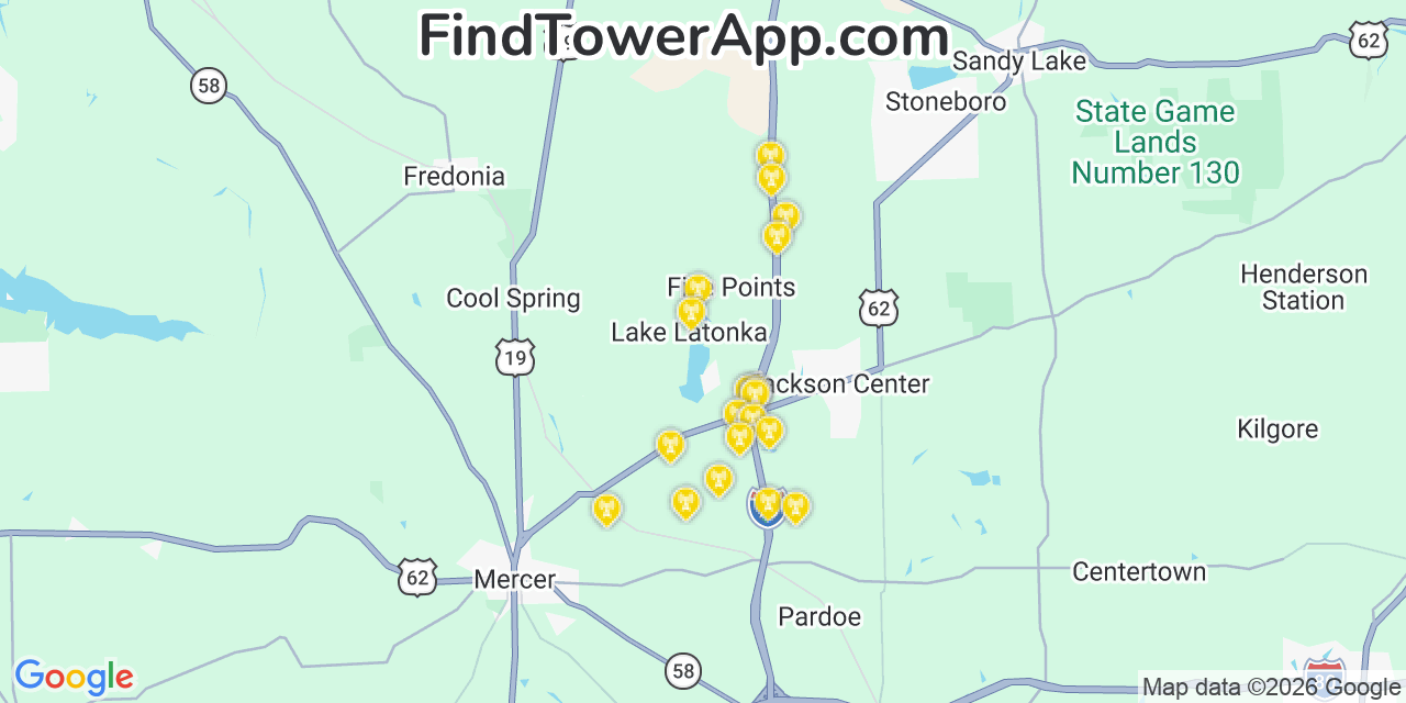 Map showing the 20 primary cell tower locations detected in Lake Latonka, Pennsylvania from AT&T, Verizon, and T-Mobile networks