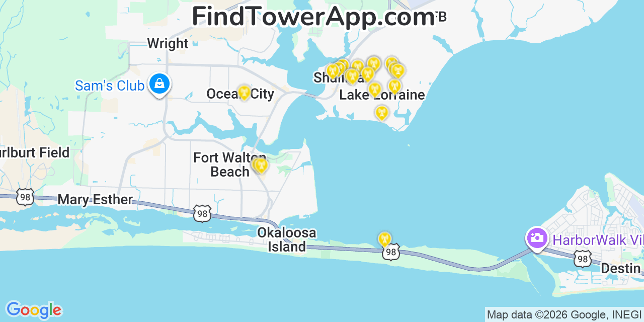 Map showing the 20 primary cell tower locations detected in Lake Lorraine, Florida from AT&T, Verizon, and T-Mobile networks
