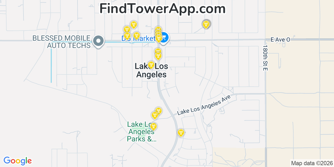 Map showing the 20 primary cell tower locations detected in Lake Los Angeles, California from AT&T, Verizon, and T-Mobile networks