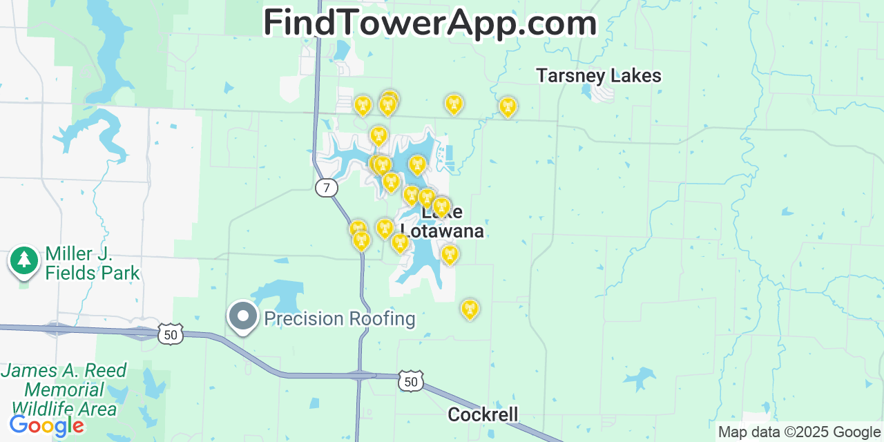 Map showing the 20 primary cell tower locations detected in Lake Lotawana, Missouri from AT&T, Verizon, and T-Mobile networks