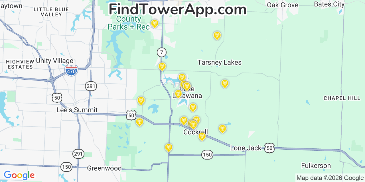 Map showing the 20 primary cell tower locations detected in Lake Lotawana, Missouri from AT&T, Verizon, and T-Mobile networks