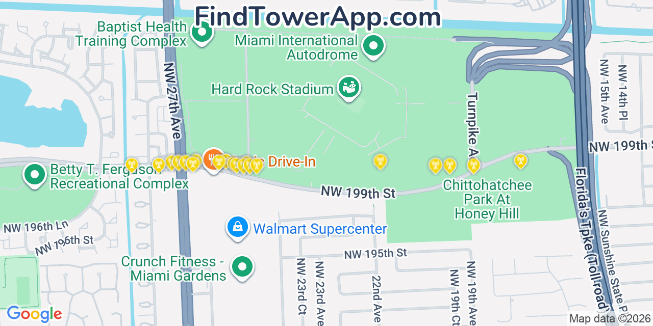 Map showing the 20 primary cell tower locations detected in Lake Lucerne, Florida from AT&T, Verizon, and T-Mobile networks