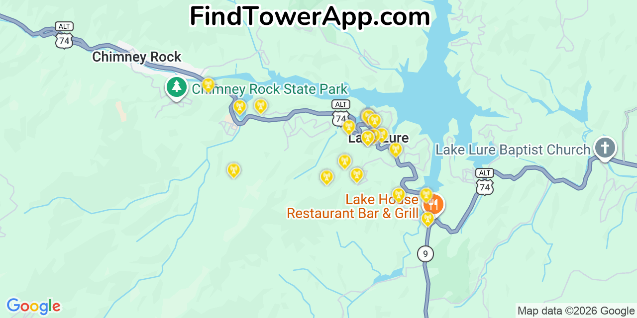 Map showing the 20 primary cell tower locations detected in Lake Lure, North Carolina from AT&T, Verizon, and T-Mobile networks
