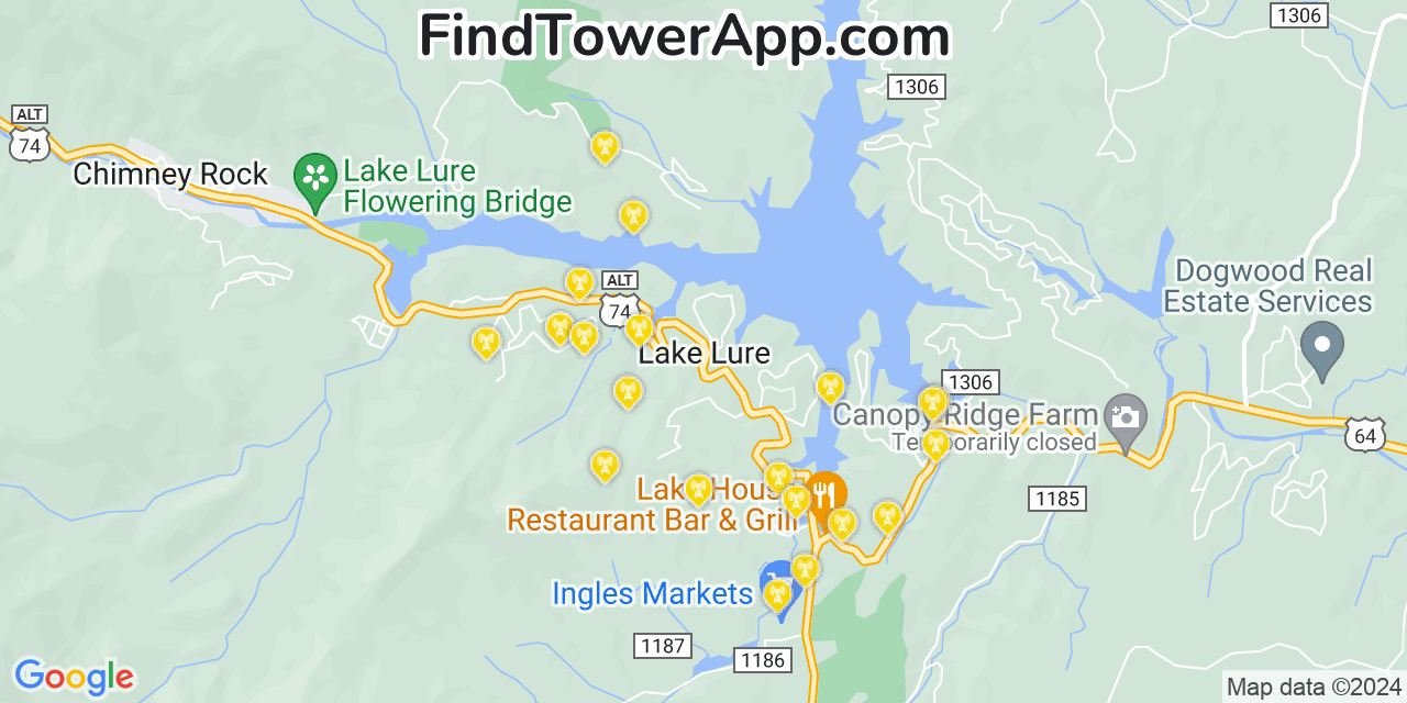 Verizon 4G/5G cell tower coverage map Lake Lure, North Carolina