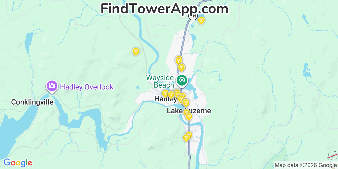 Map showing the 20 primary cell tower locations detected in Lake Luzerne, New York from AT&T, Verizon, and T-Mobile networks