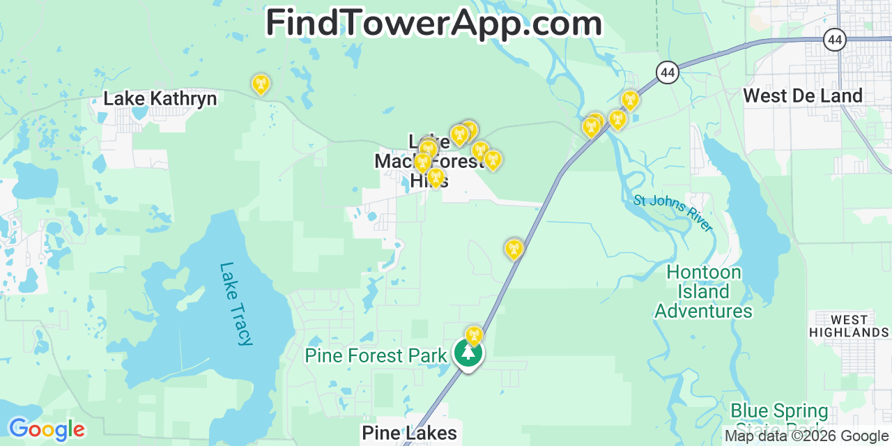 Map showing the 20 primary cell tower locations detected in Lake Mack Forest Hills, Florida from AT&T, Verizon, and T-Mobile networks