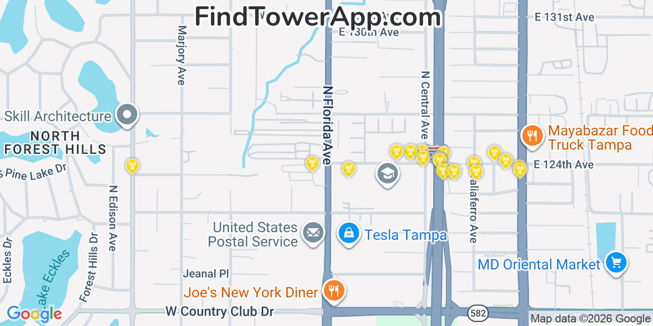 Map showing the 20 primary cell tower locations detected in Lake Magdalene, Florida from AT&T, Verizon, and T-Mobile networks