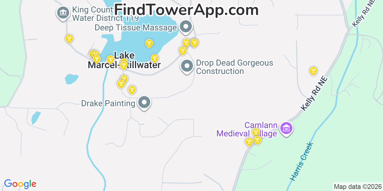 Map showing the 20 primary cell tower locations detected in Lake Marcel Stillwater, Washington from AT&T, Verizon, and T-Mobile networks