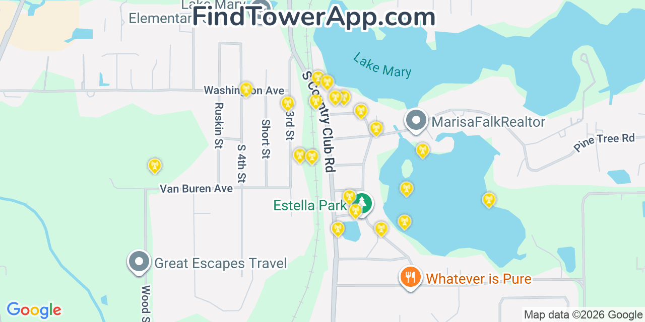 Map showing the 20 primary cell tower locations detected in Lake Mary, Florida from AT&T, Verizon, and T-Mobile networks