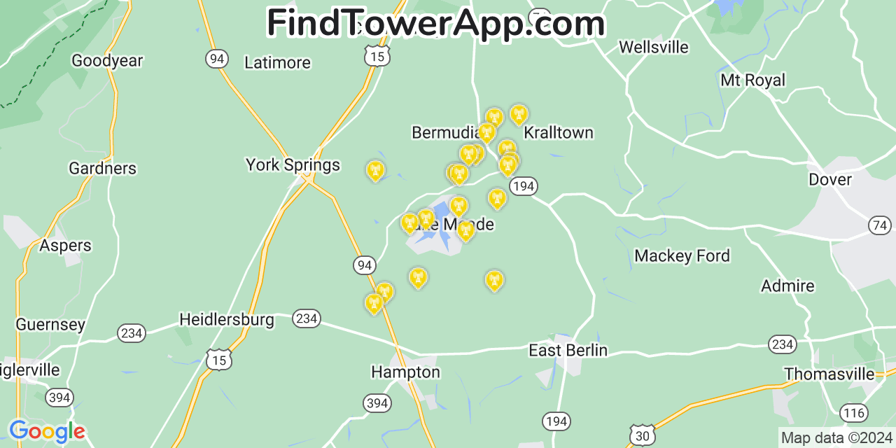 AT&T 4G/5G cell tower coverage map Lake Meade, Pennsylvania