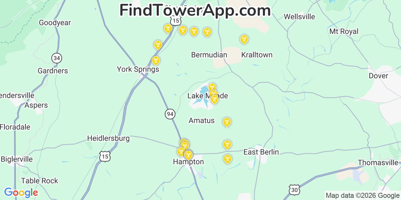 Map showing the 20 primary cell tower locations detected in Lake Meade, Pennsylvania from AT&T, Verizon, and T-Mobile networks