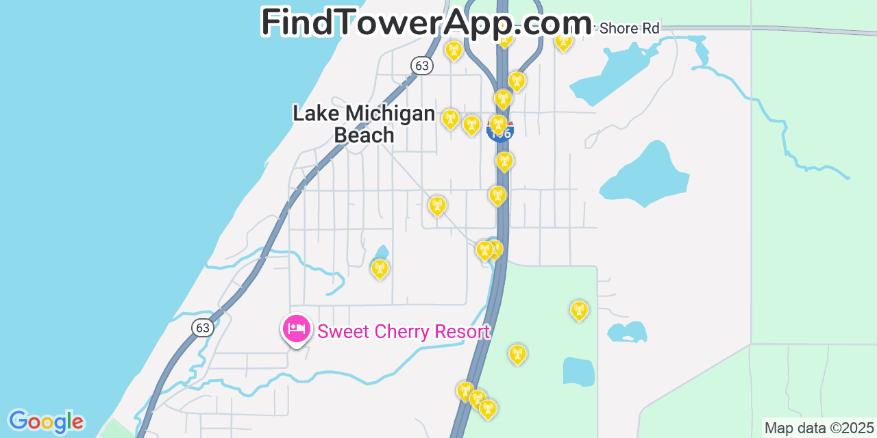 Map showing the 20 primary cell tower locations detected in Lake Michigan Beach, Michigan from AT&T, Verizon, and T-Mobile networks