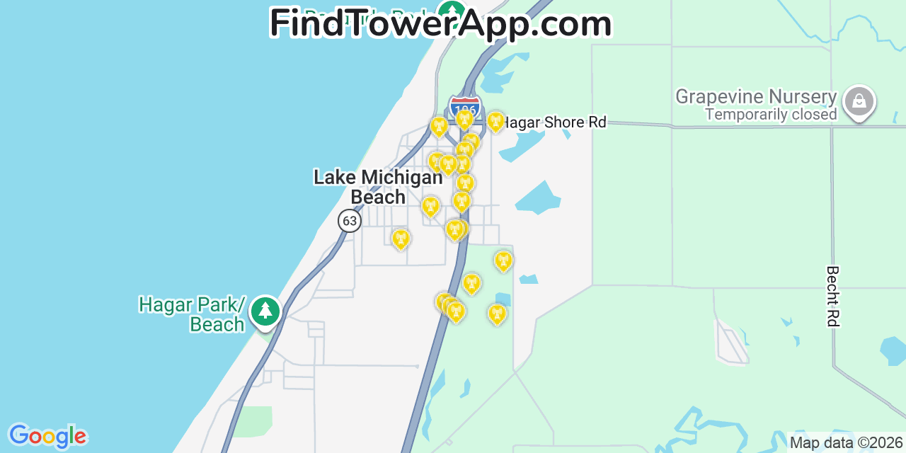 Map showing the 20 primary cell tower locations detected in Lake Michigan Beach, Michigan from AT&T, Verizon, and T-Mobile networks