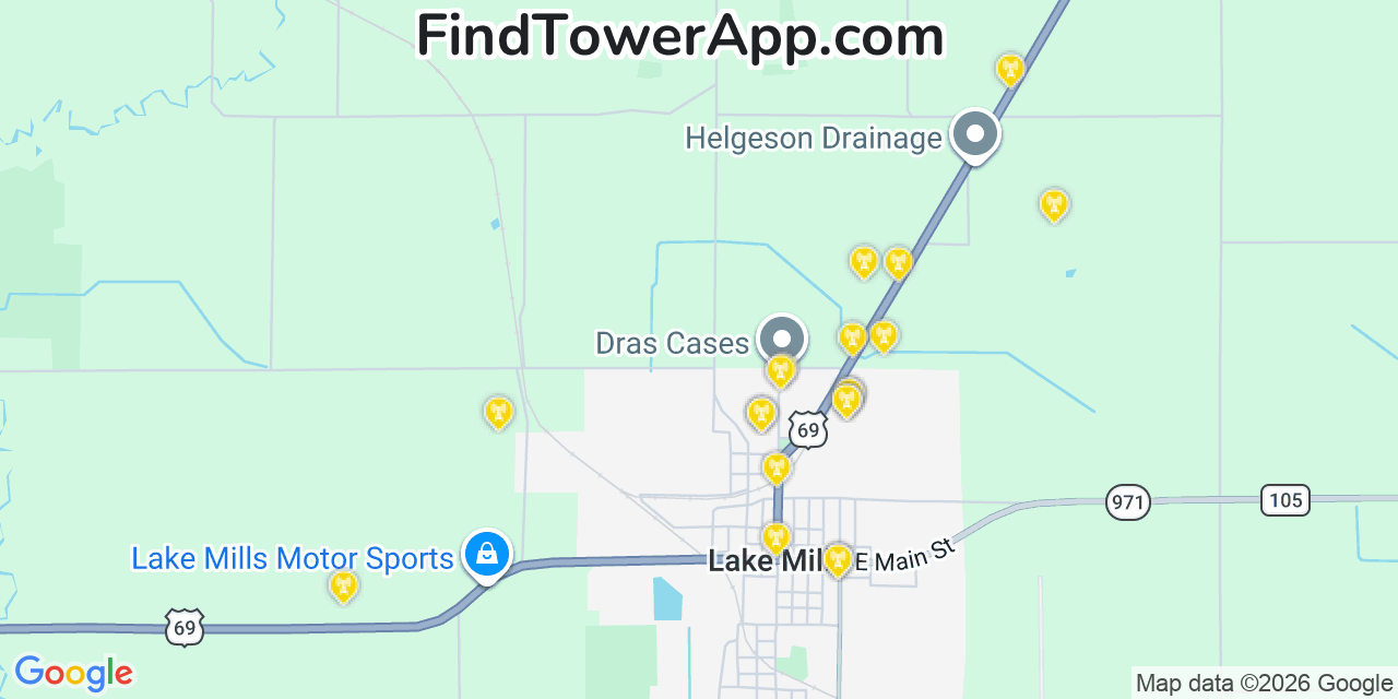 Map showing the 20 primary cell tower locations detected in Lake Mills, Iowa from AT&T, Verizon, and T-Mobile networks