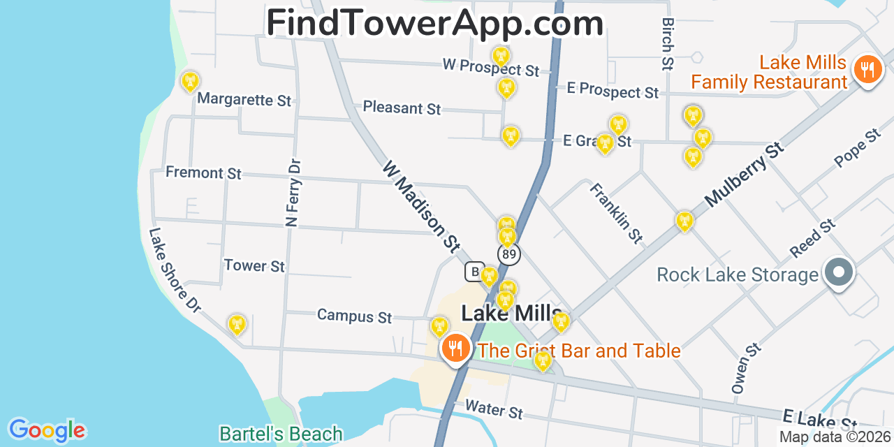 Map showing the 20 primary cell tower locations detected in Lake Mills, Wisconsin from AT&T, Verizon, and T-Mobile networks
