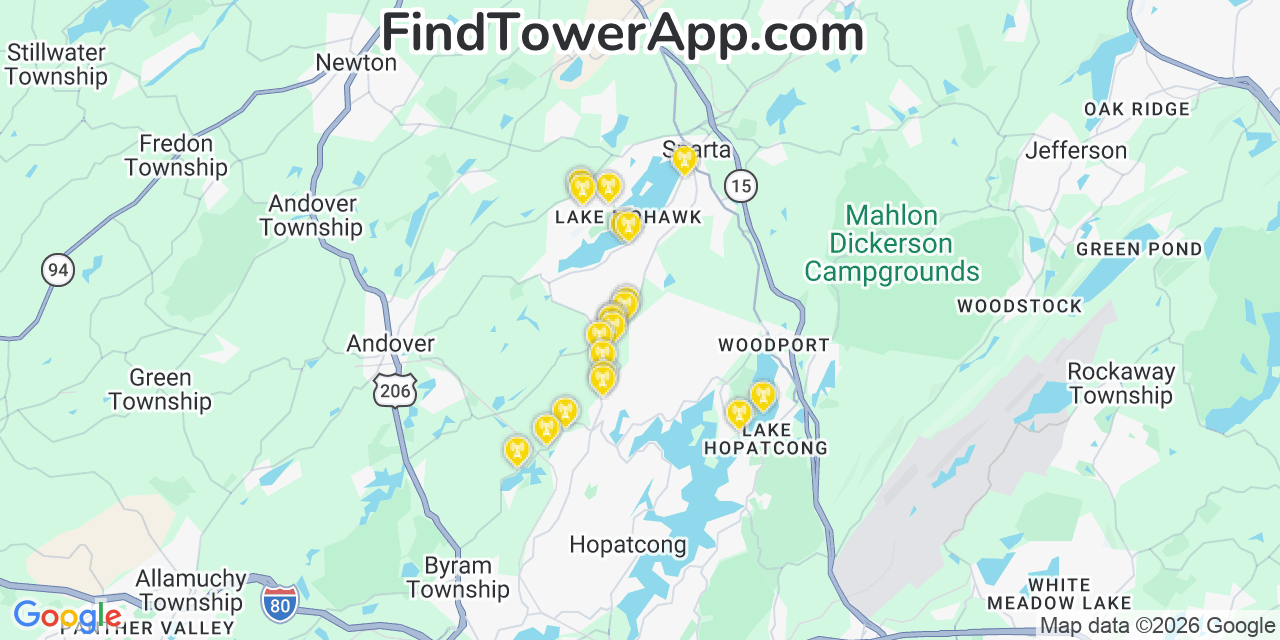 Map showing the 20 primary cell tower locations detected in Lake Mohawk, New Jersey from AT&T, Verizon, and T-Mobile networks