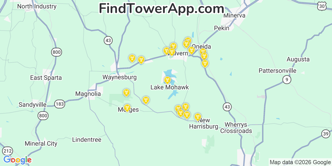 Map showing the 20 primary cell tower locations detected in Lake Mohawk, Ohio from AT&T, Verizon, and T-Mobile networks