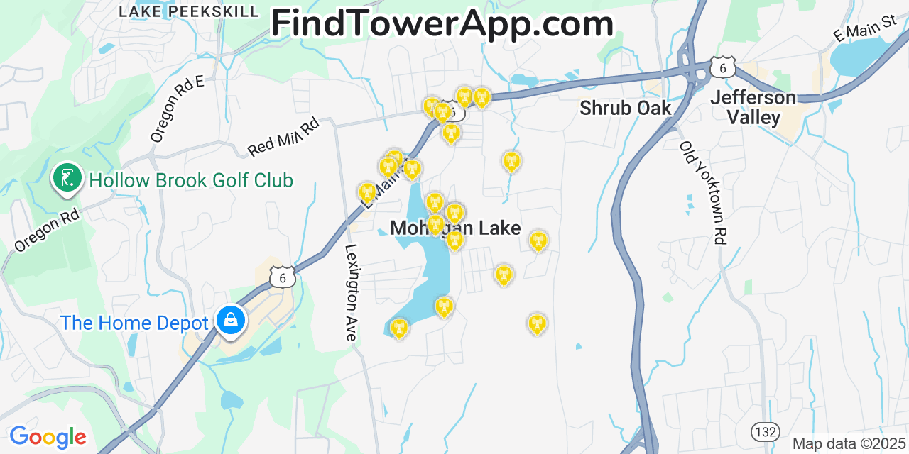 Map showing the 20 primary cell tower locations detected in Lake Mohegan, New York from AT&T, Verizon, and T-Mobile networks