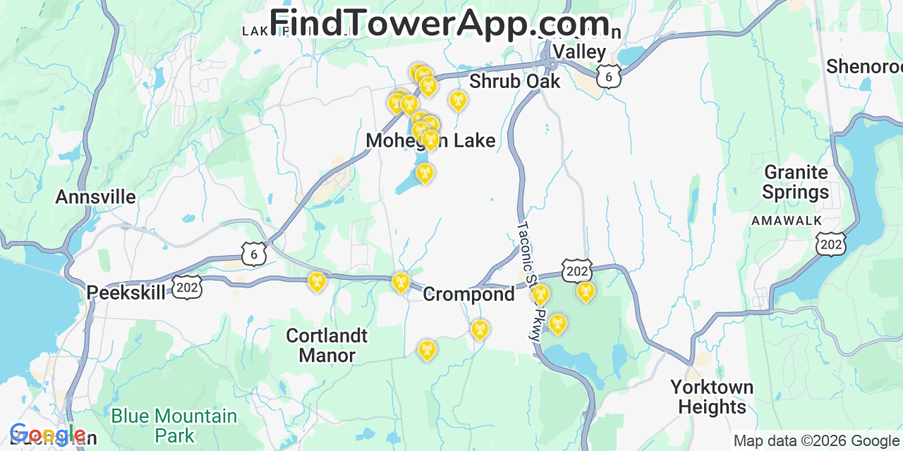 Map showing the 20 primary cell tower locations detected in Lake Mohegan, New York from AT&T, Verizon, and T-Mobile networks