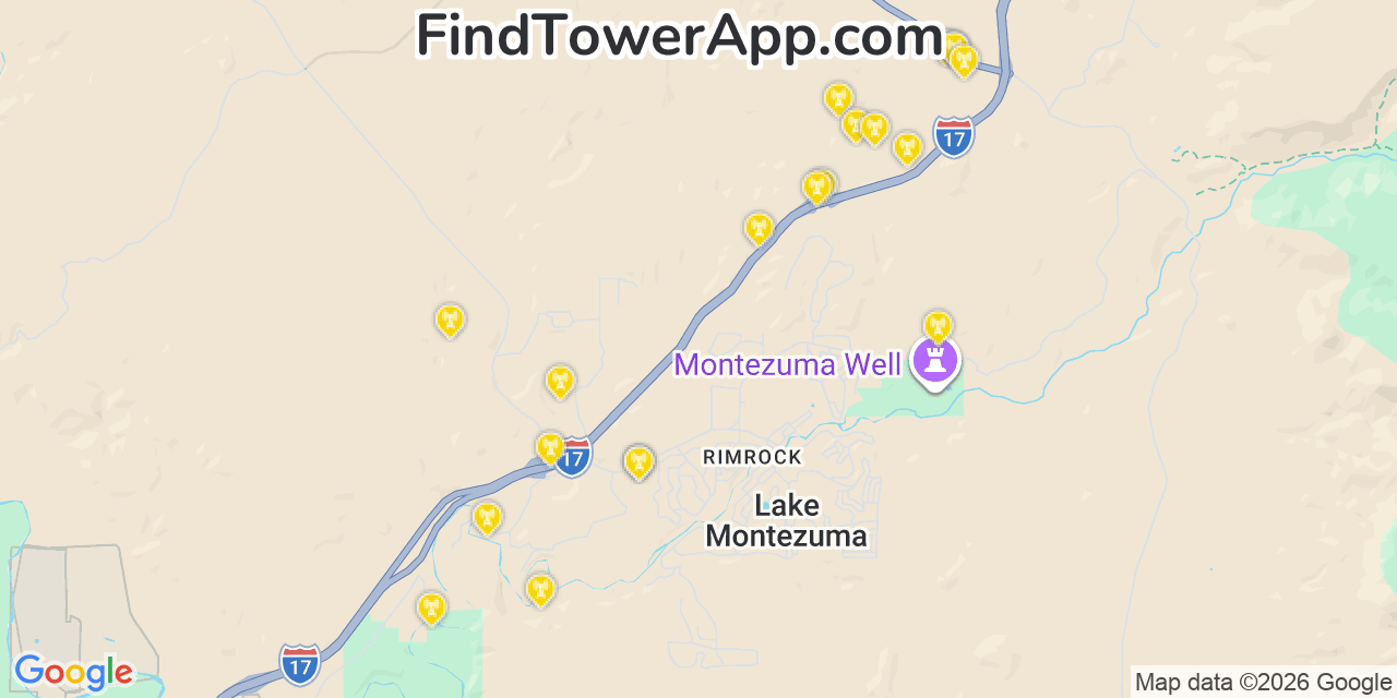 Map showing the 20 primary cell tower locations detected in Lake Montezuma, Arizona from AT&T, Verizon, and T-Mobile networks