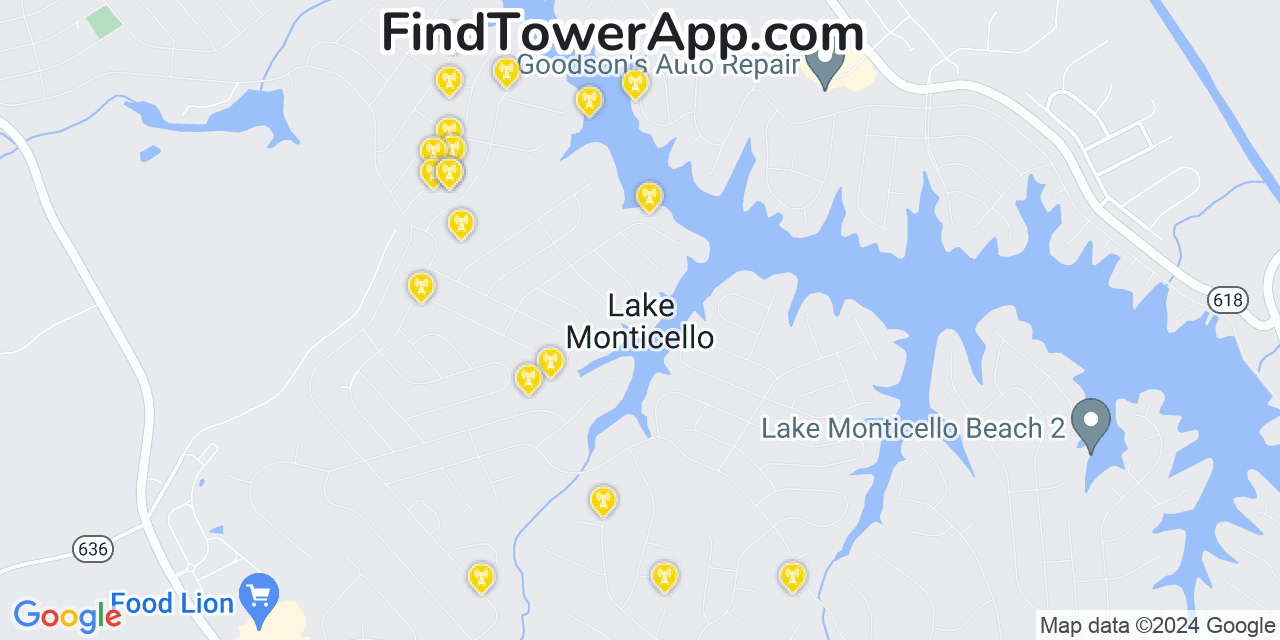 AT&T 4G/5G cell tower coverage map Lake Monticello, Virginia