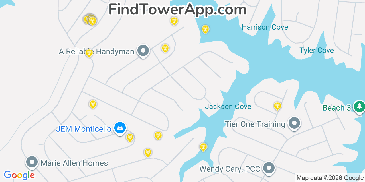 Map showing the 20 primary cell tower locations detected in Lake Monticello, Virginia from AT&T, Verizon, and T-Mobile networks