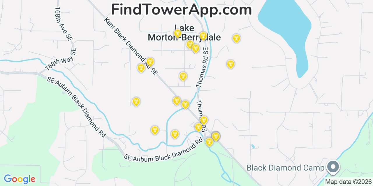 Map showing the 20 primary cell tower locations detected in Lake Morton Berrydale, Washington from AT&T, Verizon, and T-Mobile networks