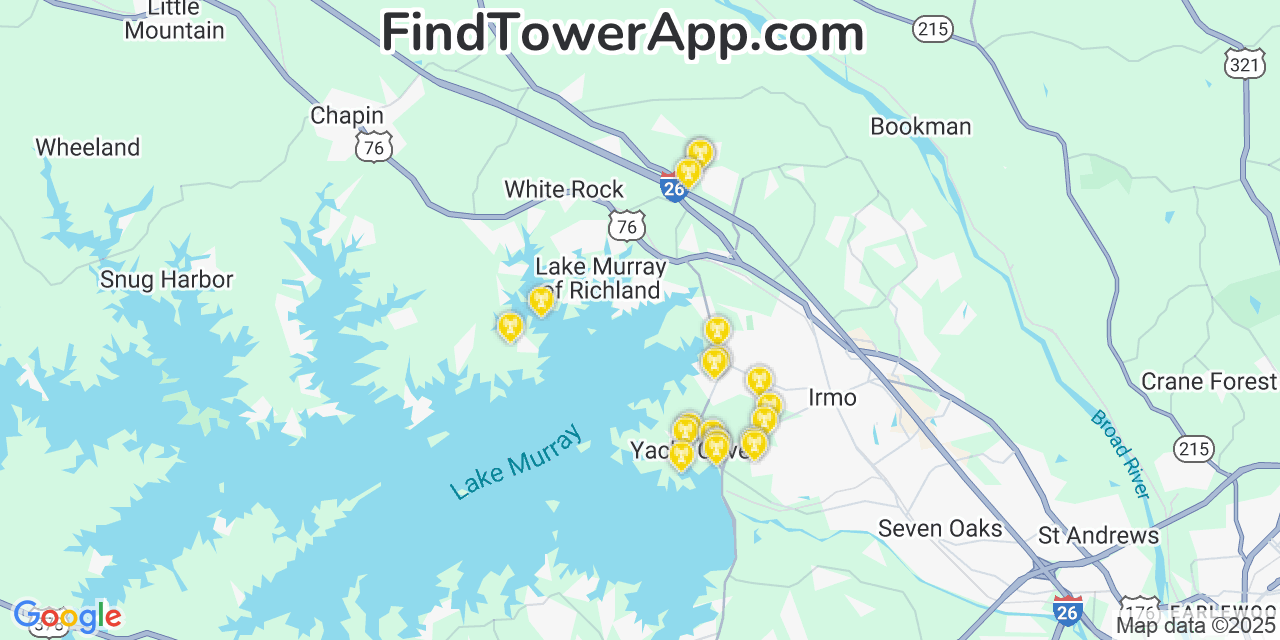Map showing the 20 primary AT&T cell tower locations detected in Lake Murray Of Richland, South Carolina with coverage radius and signal strength indicators