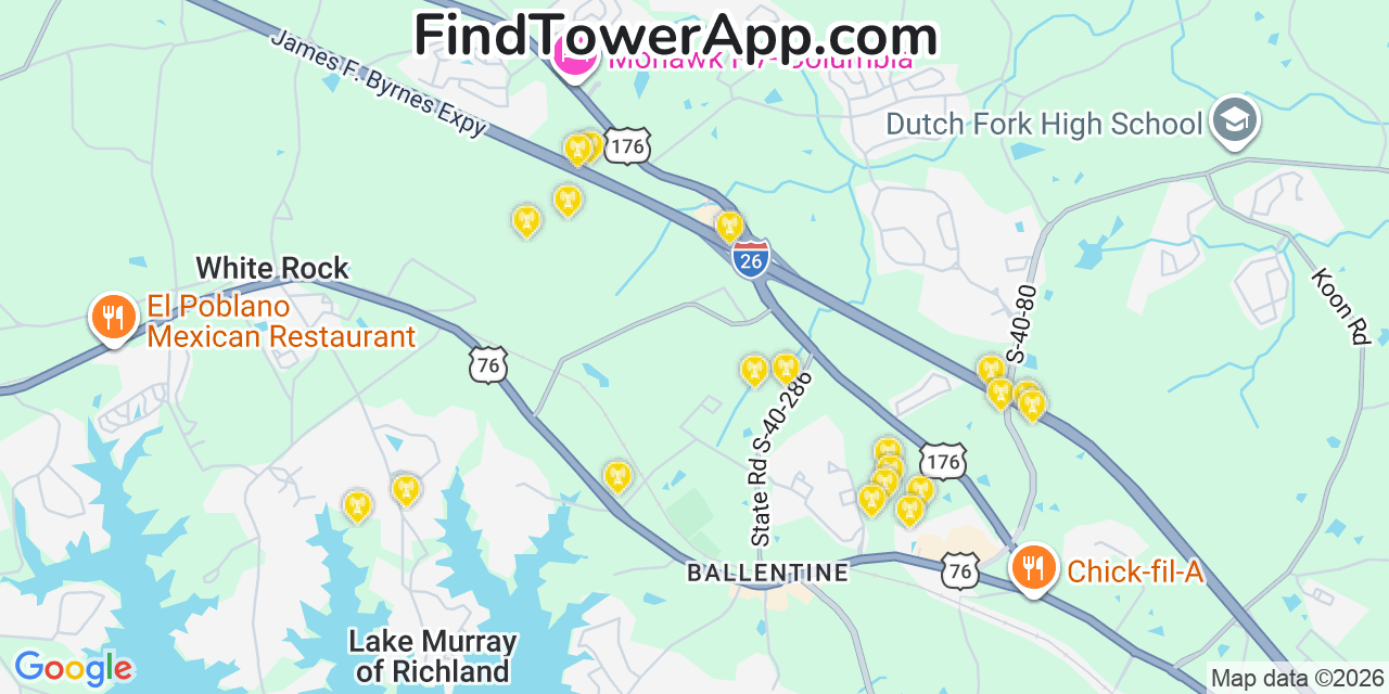 Map showing the 20 primary cell tower locations detected in Lake Murray Of Richland, South Carolina from AT&T, Verizon, and T-Mobile networks