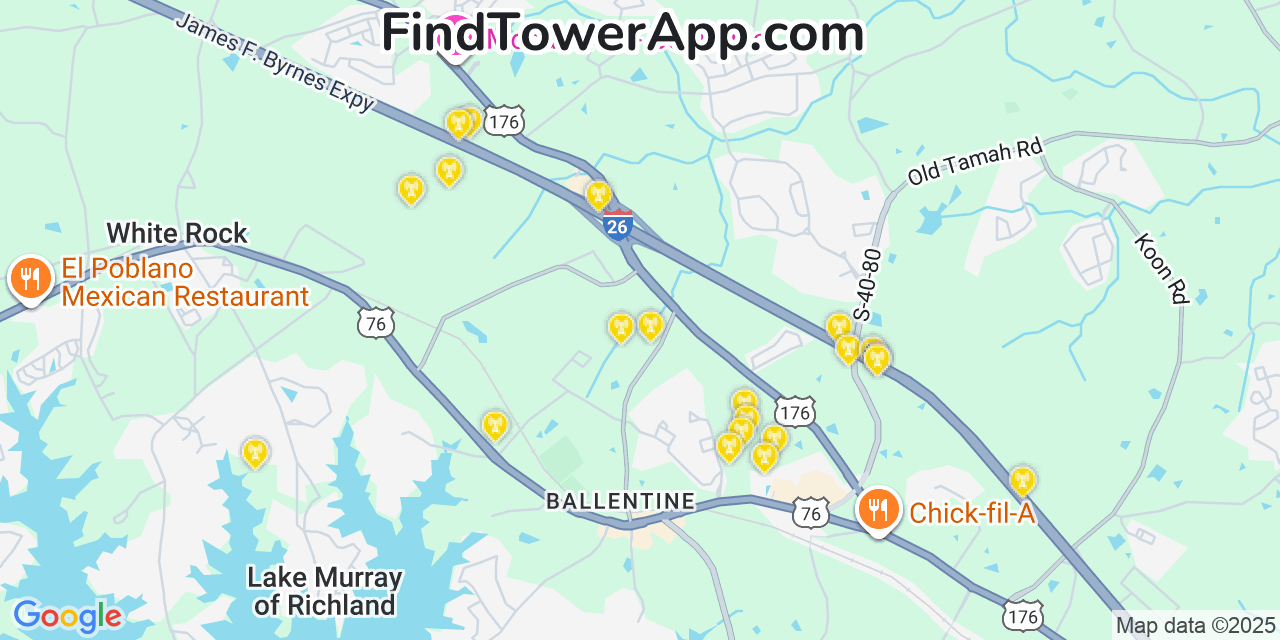 Map showing the 21 primary T-Mobile cell tower locations detected in Lake Murray Of Richland, South Carolina with coverage radius and signal strength indicators