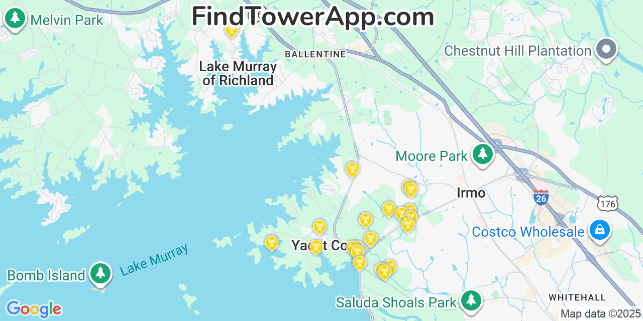 Map showing the 21 primary Verizon cell tower locations detected in Lake Murray Of Richland, South Carolina with coverage radius and signal strength indicators