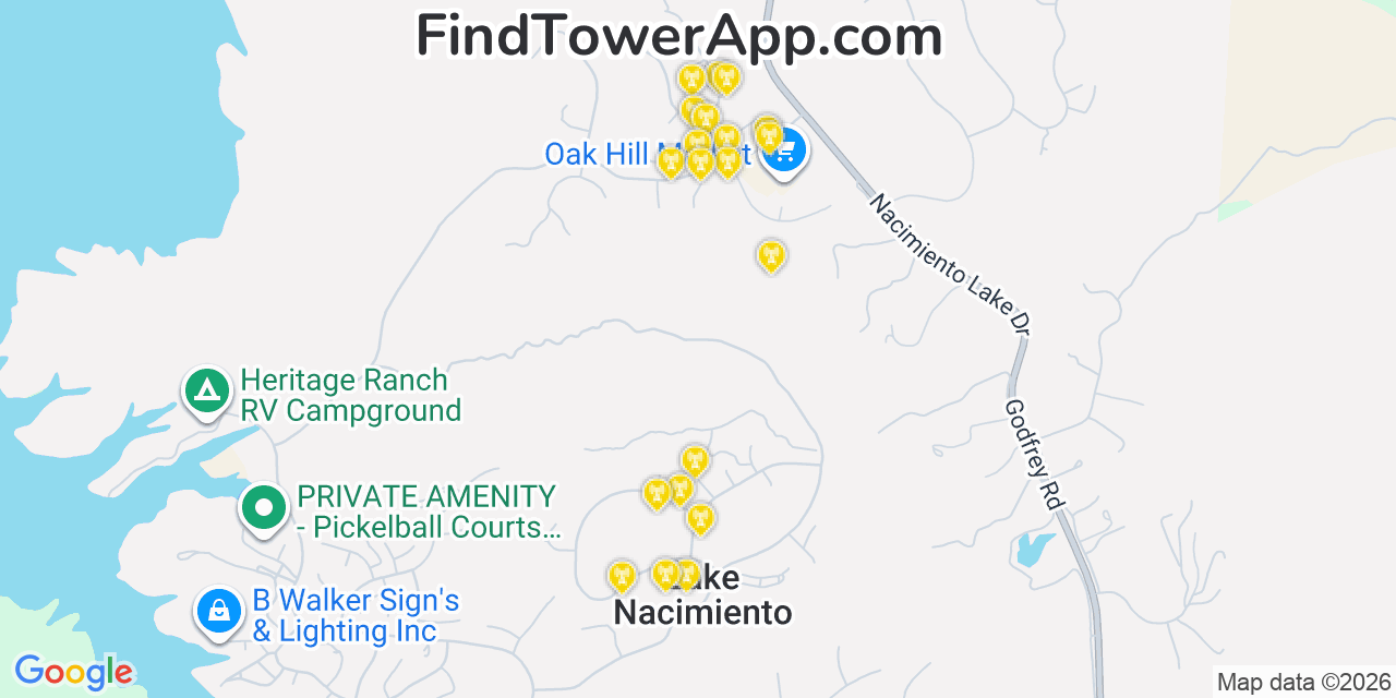 Map showing the 20 primary cell tower locations detected in Lake Nacimiento, California from AT&T, Verizon, and T-Mobile networks