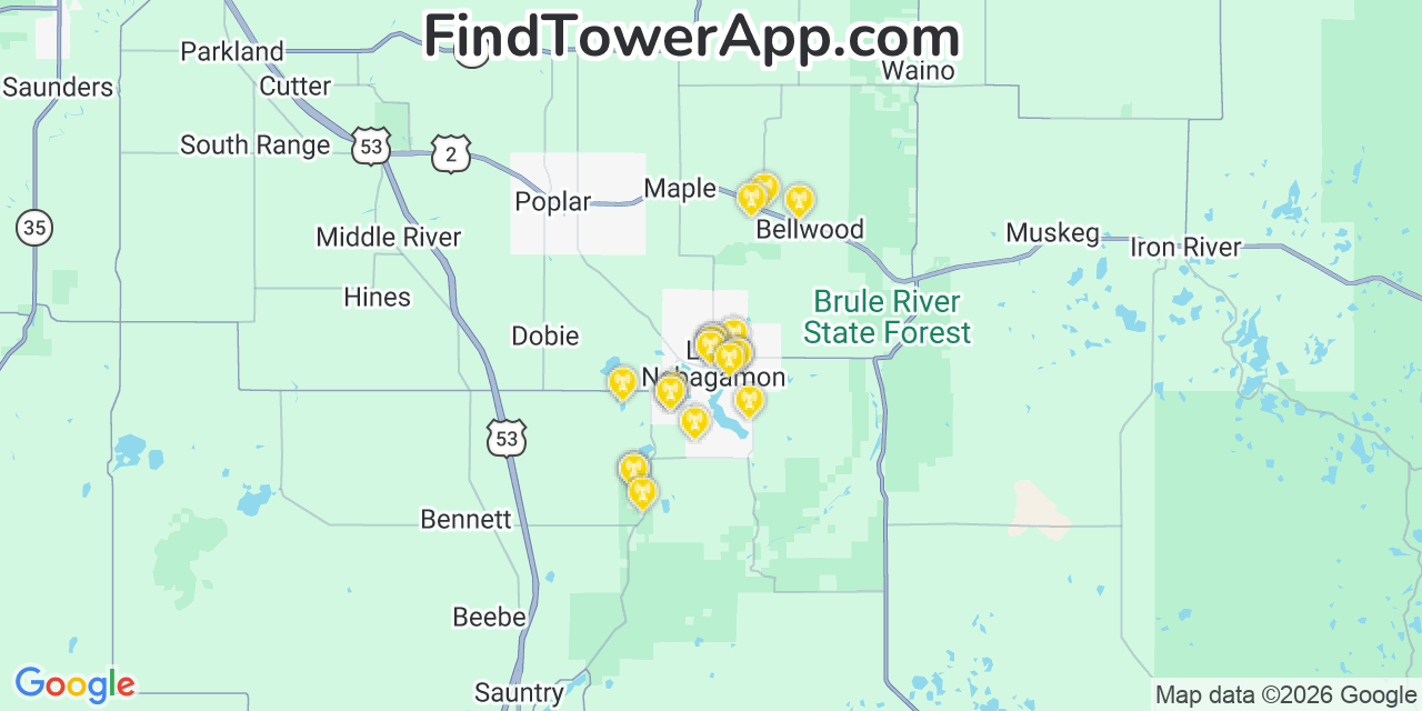 Map showing the 20 primary cell tower locations detected in Lake Nebagamon, Wisconsin from AT&T, Verizon, and T-Mobile networks