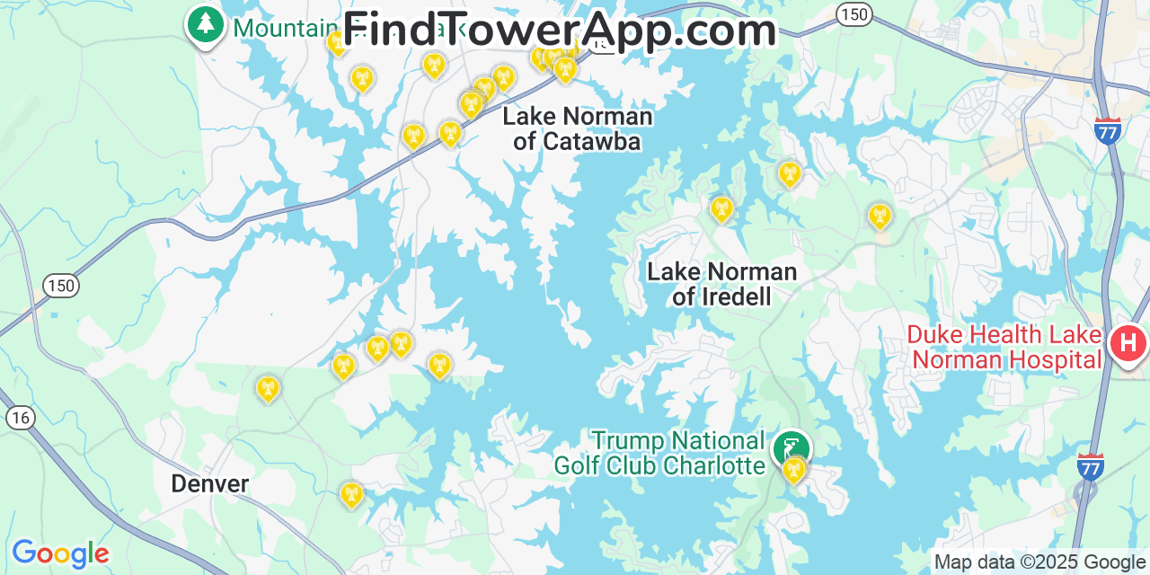 Map showing the 25 primary AT&T cell tower locations detected in Lake Norman Of Catawba, North Carolina with coverage radius and signal strength indicators