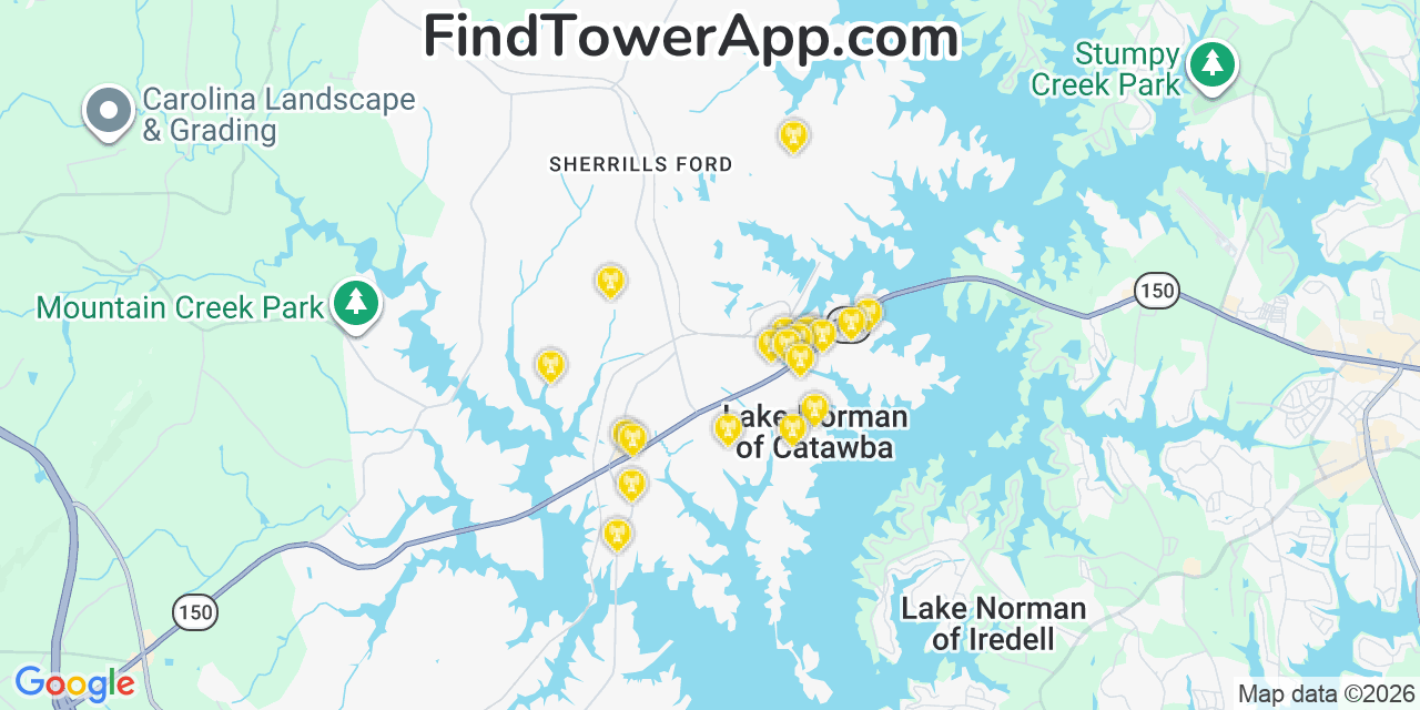 Map showing the 20 primary cell tower locations detected in Lake Norman Of Catawba, North Carolina from AT&T, Verizon, and T-Mobile networks