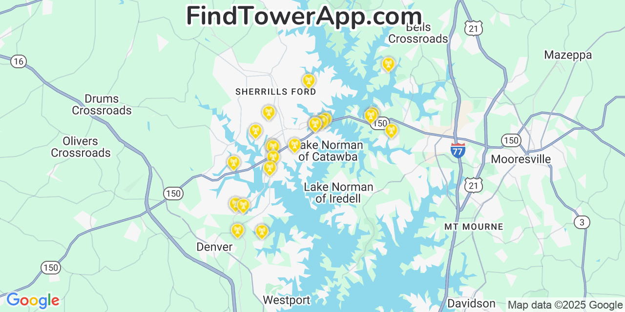 Map showing the 21 primary T-Mobile cell tower locations detected in Lake Norman Of Catawba, North Carolina with coverage radius and signal strength indicators