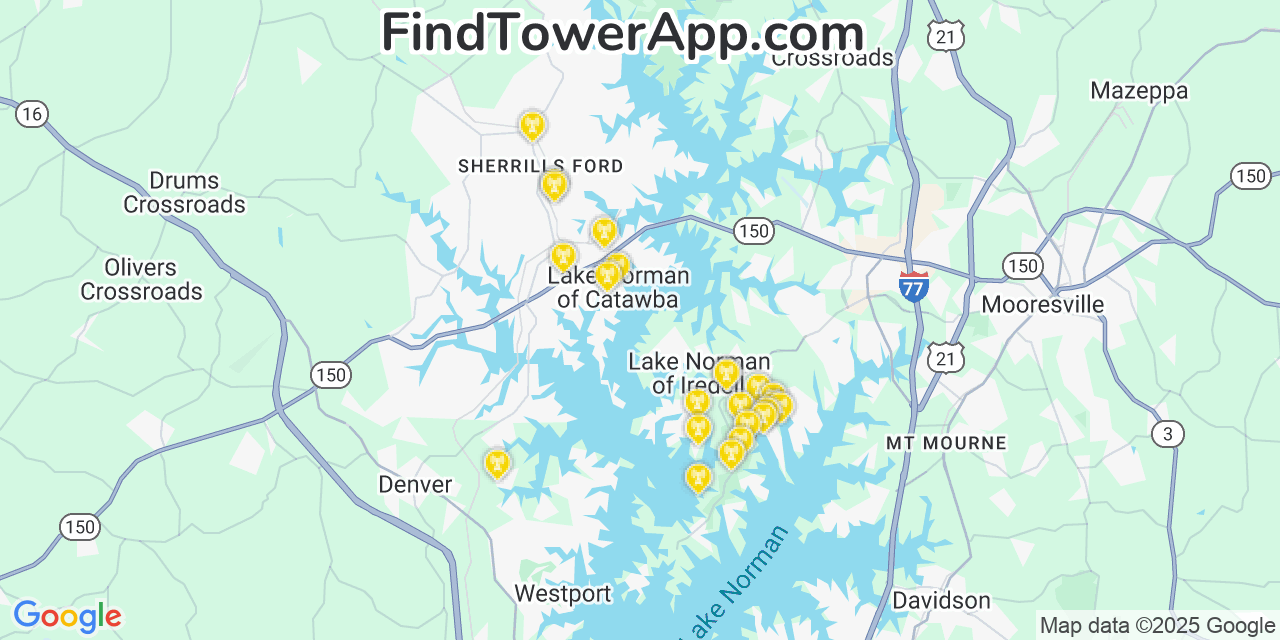 Map showing the 23 primary Verizon cell tower locations detected in Lake Norman Of Catawba, North Carolina with coverage radius and signal strength indicators