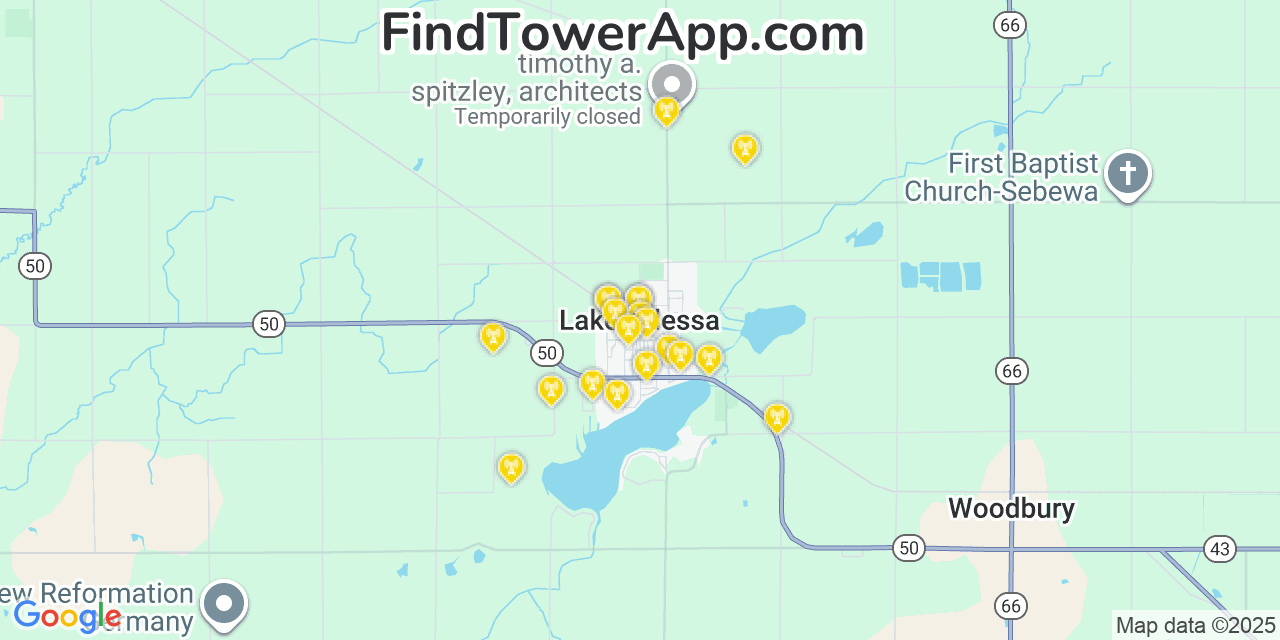 Map showing the 20 primary cell tower locations detected in Lake Odessa, Michigan from AT&T, Verizon, and T-Mobile networks